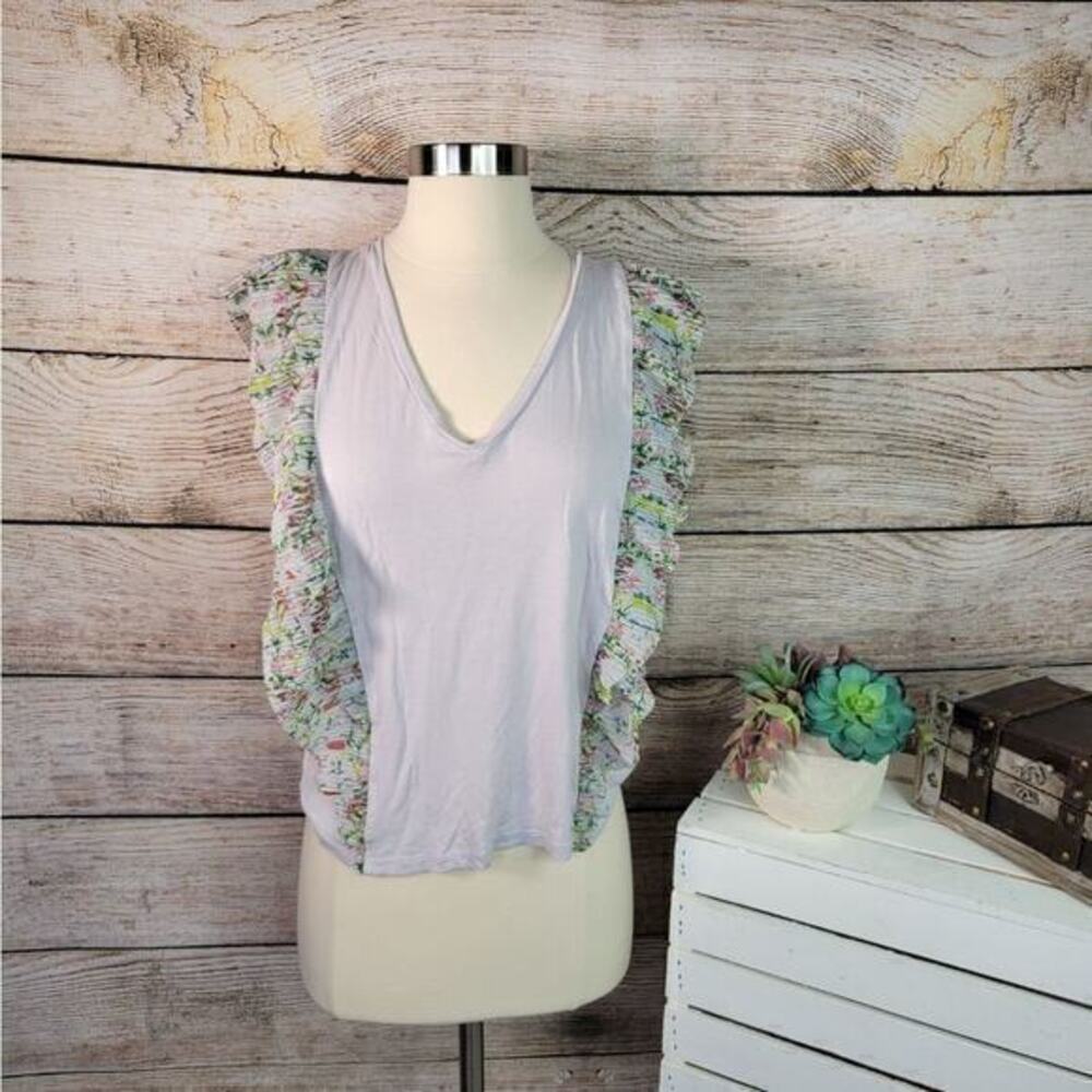 5/$25 Anthropologie Vanessa Virginia Indak Gray Ruffle Floral Top Size Small
